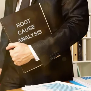 Business professional holding a notebook labeled "Root Cause Analysis" beside charts and graphs in an office setting, representing analytical problem-solving in a corporate environment.