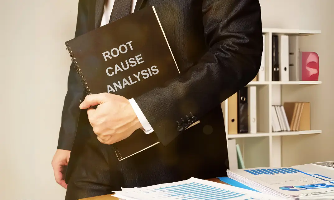 Business professional holding a notebook labeled "Root Cause Analysis" beside charts and graphs in an office setting, representing analytical problem-solving in a corporate environment.